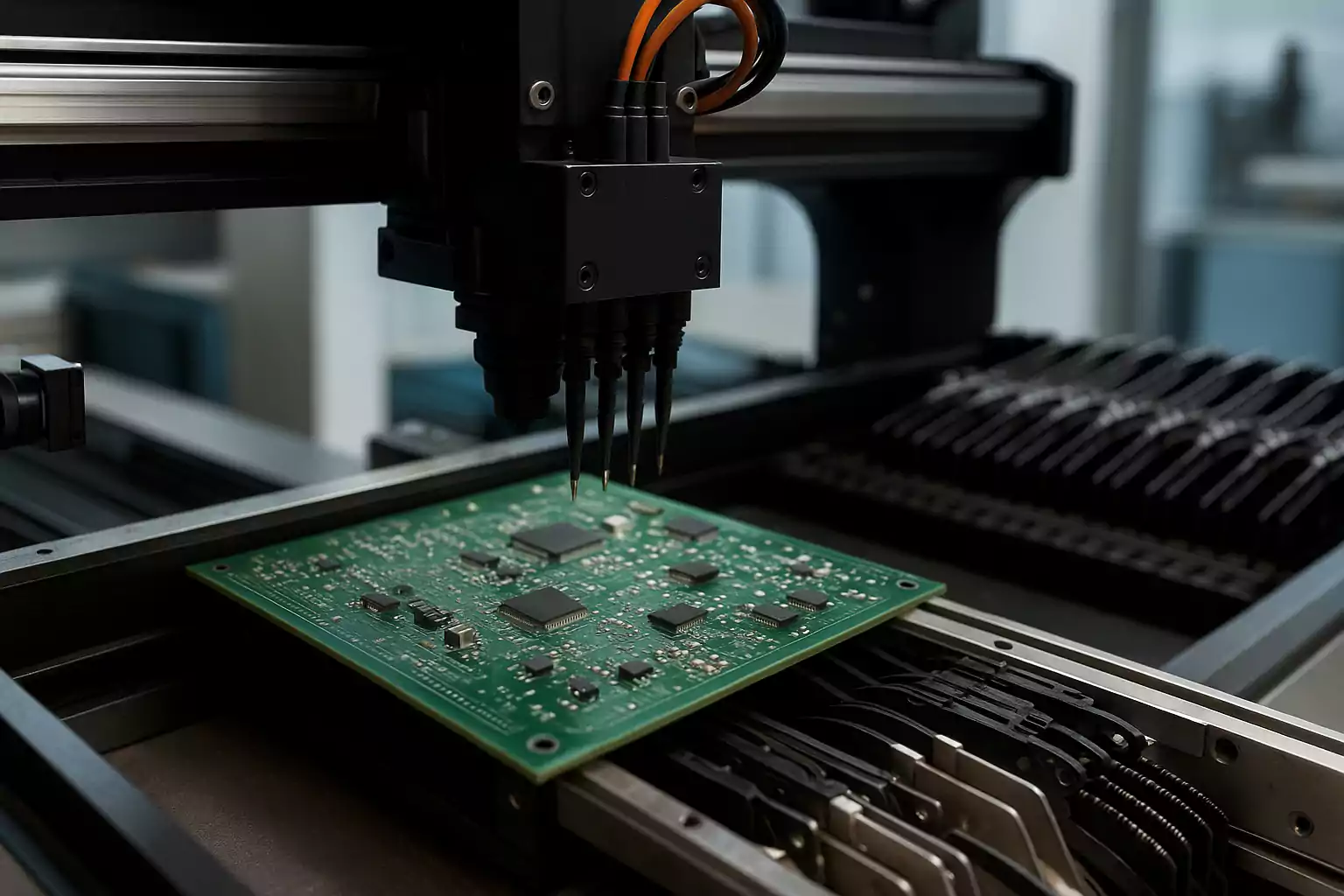 Mașină pick and place pe linie de asamblare PCB cu componente plantate